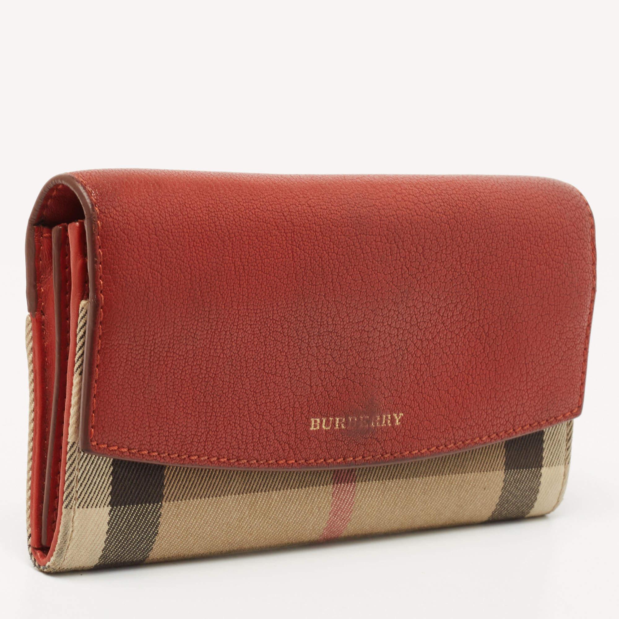 Burberry Brick Brown/Beige House Check Canvas & Leather Flap Continental Wallet For Sale 3