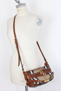 Burberry Bridle Brown Beige Leather Cotton House Check Hobo Bag
