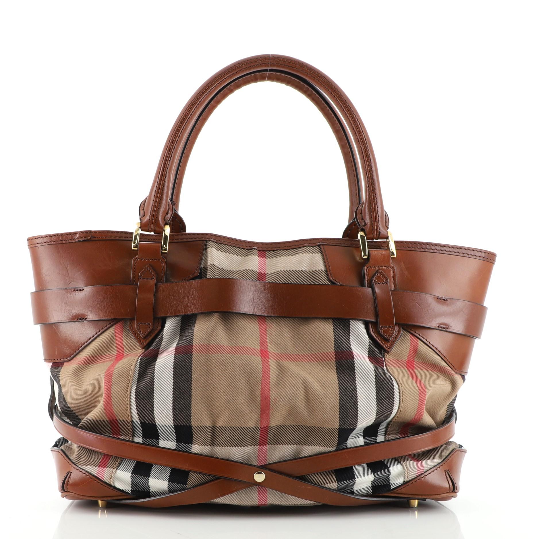 Brown Burberry Bridle Lynher Tote House Check Canvas Medium