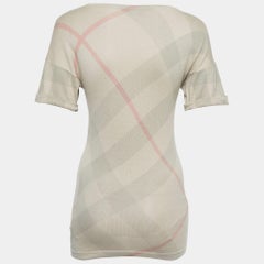 Burberry Brit Beige Checked Silk Blend Knit V-Neck T-Shirt XS