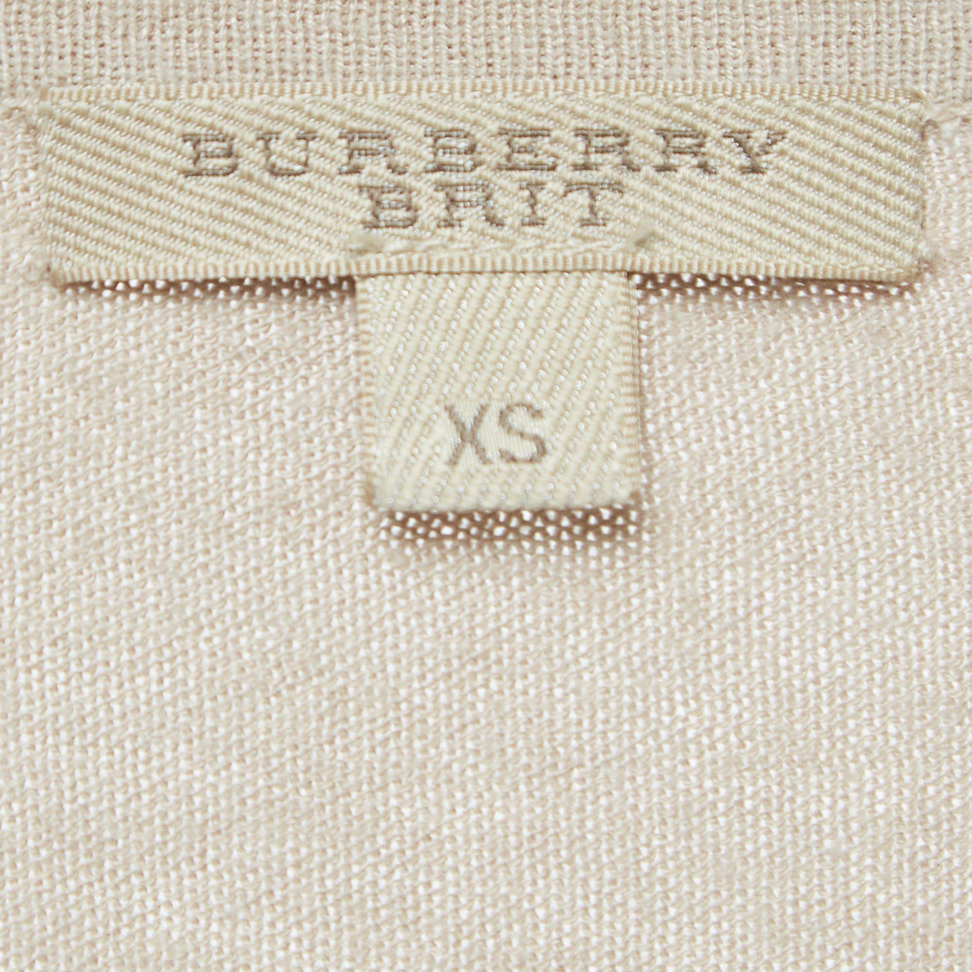 Burberry Brit Beige Checked Silk Blend Knit V-Neck T-Shirt XS For Sale 1