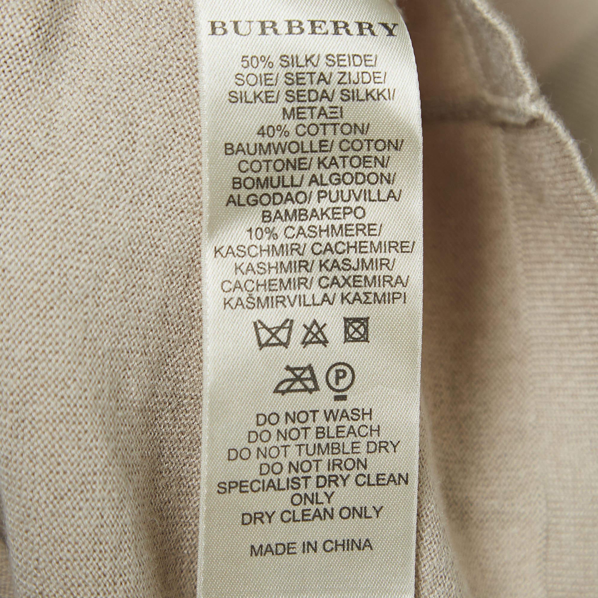 Burberry Brit Beige Checked Silk Blend Knit V-Neck T-Shirt XS For Sale 2