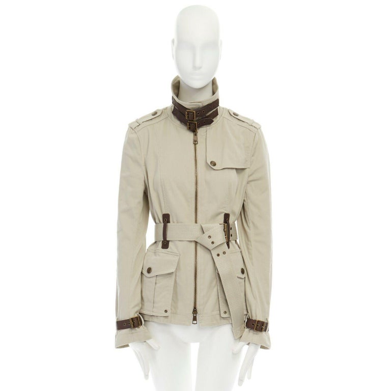 BURBERRY BRIT beige cotton leather trimmed belted safari trench field  jacket M at 1stDibs