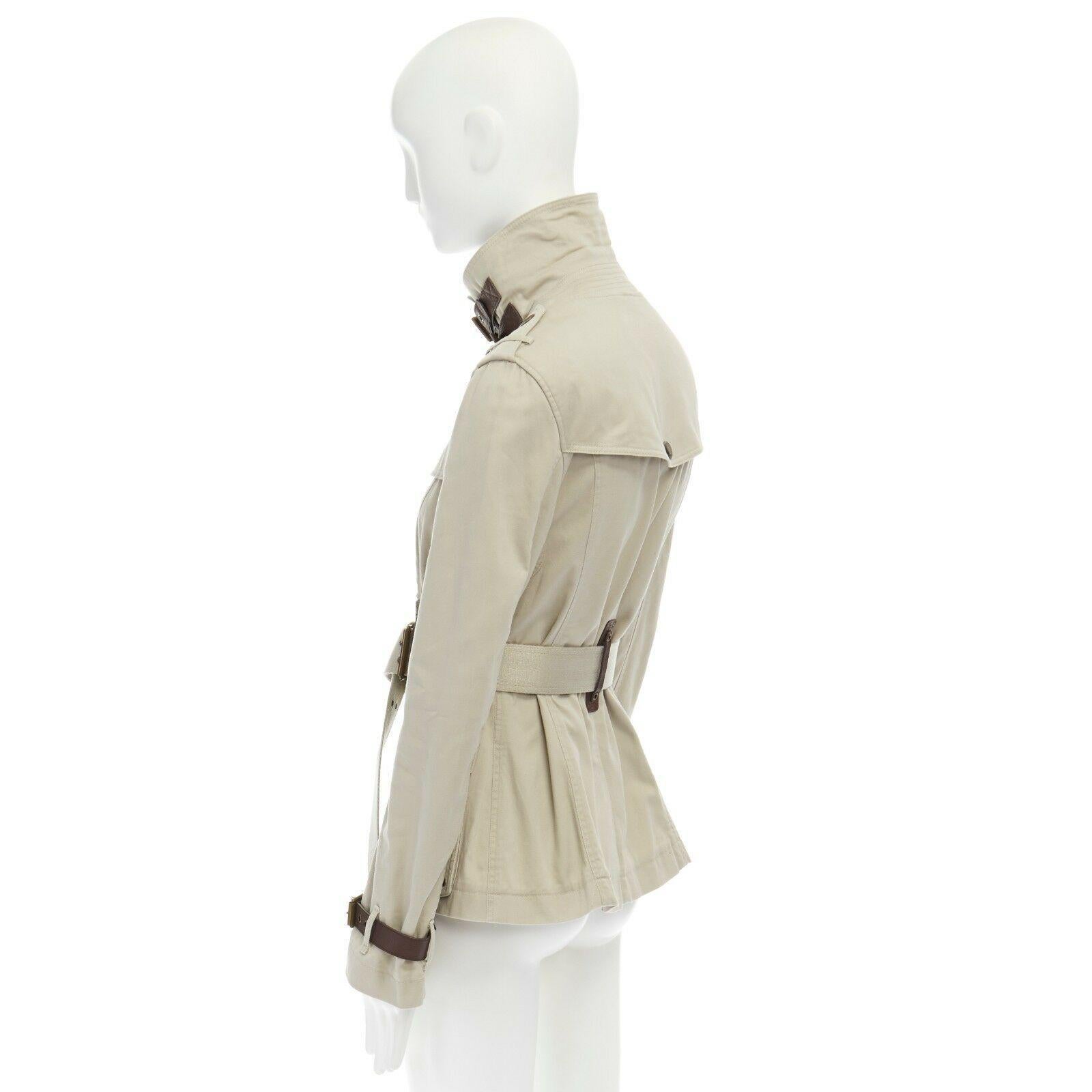 Beige BURBERRY BRIT beige cotton leather trimmed belted safari trench field jacket M