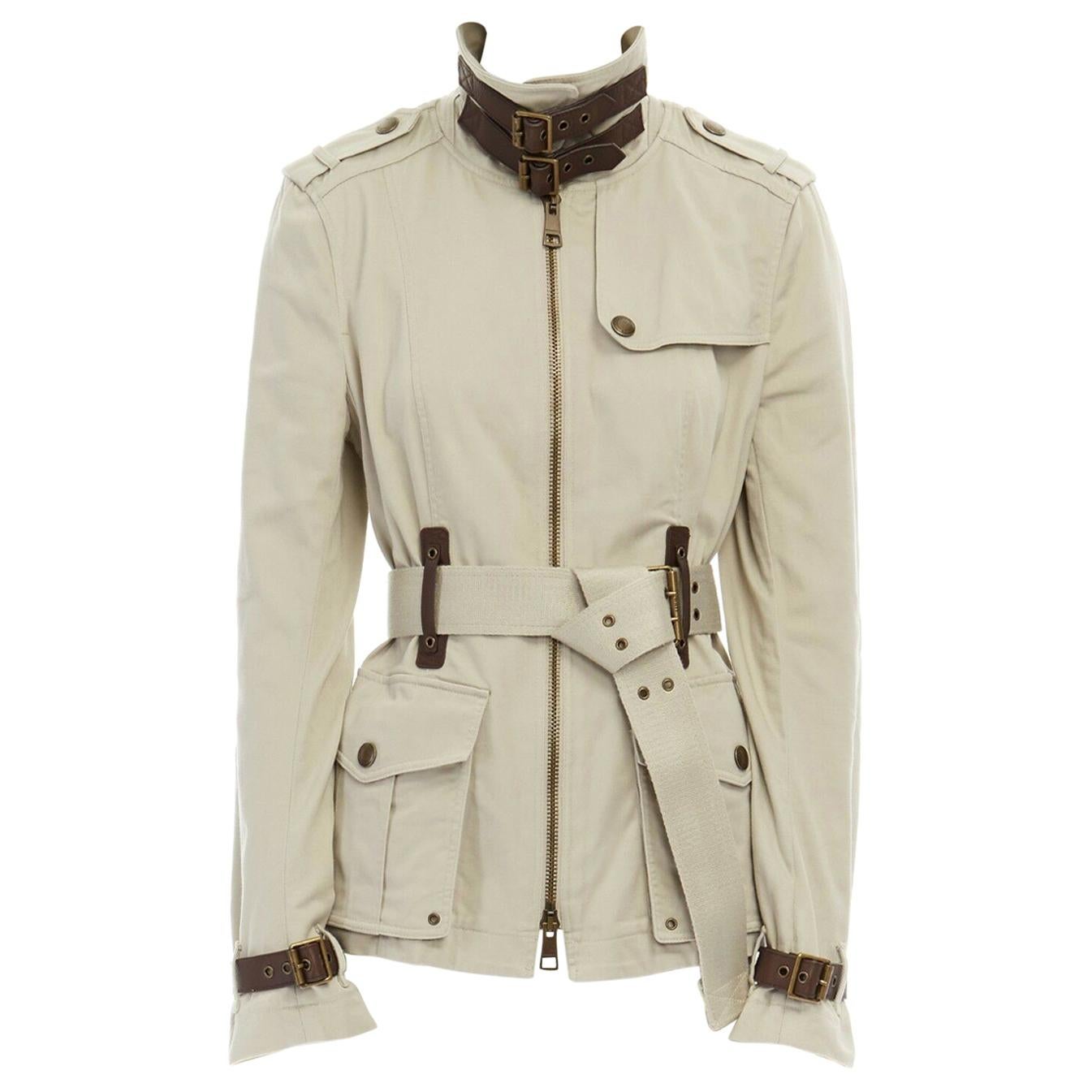 BURBERRY BRIT beige cotton leather trimmed belted safari trench field jacket M