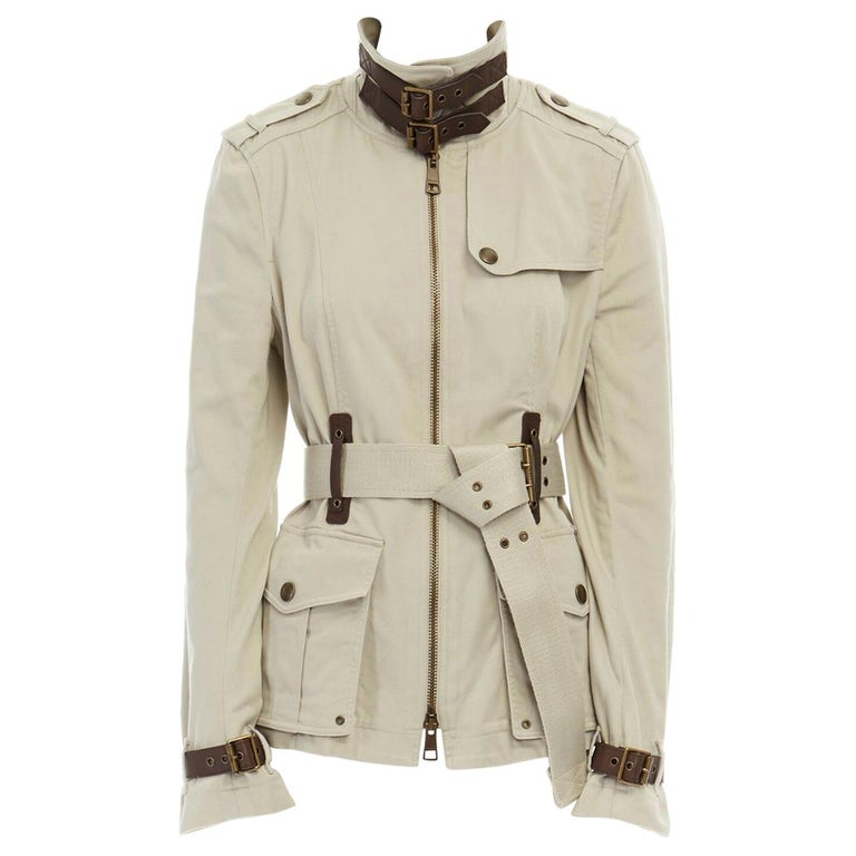 BURBERRY BRIT beige cotton leather trimmed belted safari trench field jacket  M at 1stDibs | burberry safari jacket, burberry brit jacket