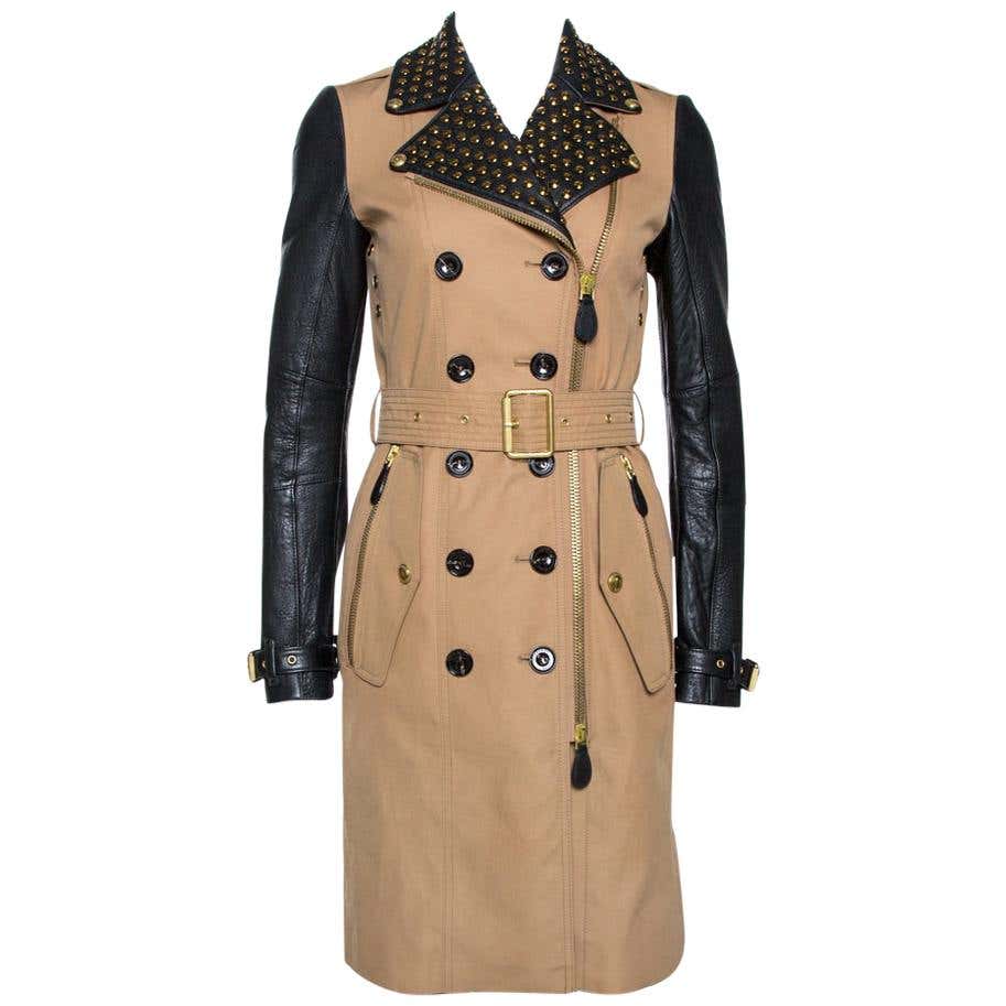 Burberry Brit Bicolor Cotton Leather Trim Studded Coat XS at 1stDibs
