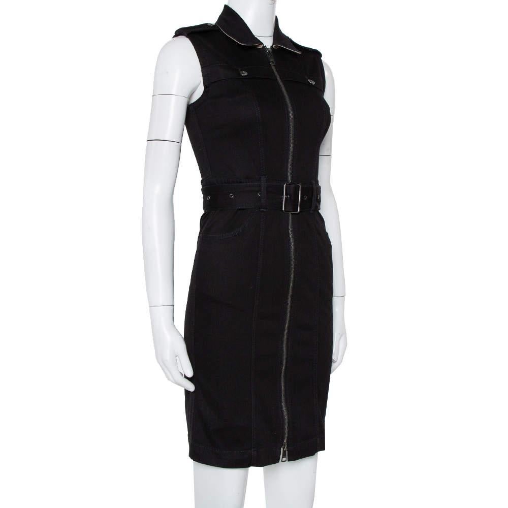 A Burberry Brit dress to exhibit your fantastic styling choices to the world The black denim creation has been designed with a long front zip closure a buckle belt detailing on the waist and a collared neckline. It comes equipped with two pockets