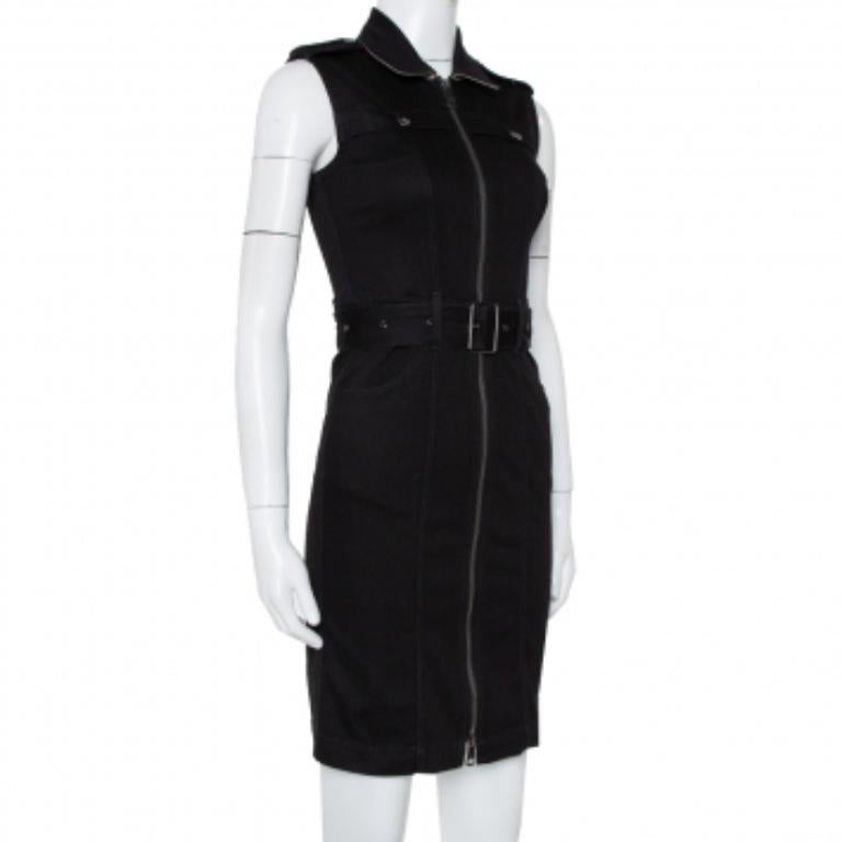 Burberry Brit Black Denim Belted Zipper Front Short Dress S In Good Condition For Sale In Dubai, Al Qouz 2