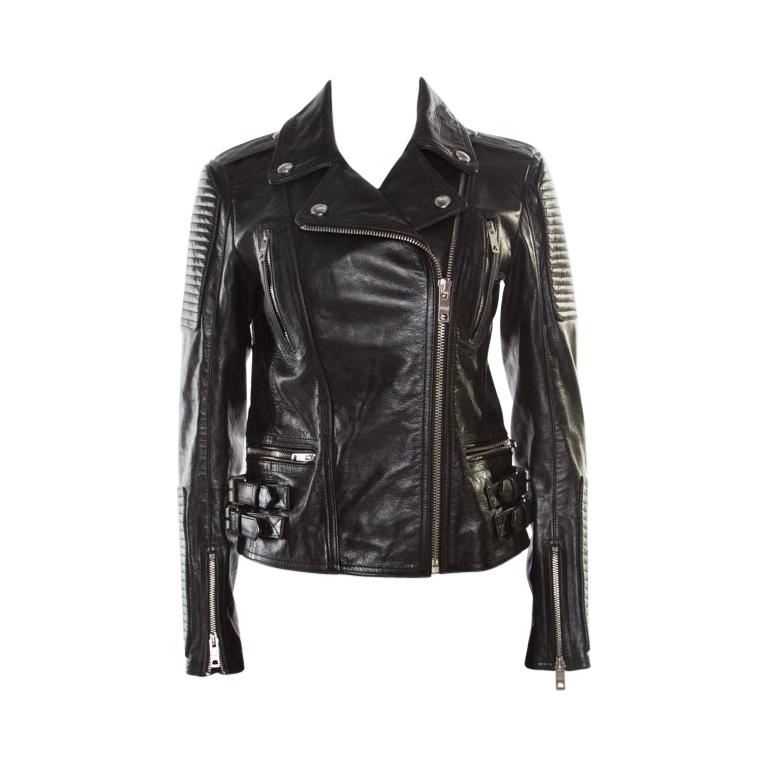 Burberry Brit Black Leather Ribbed Panel Detail Biker Jacket S