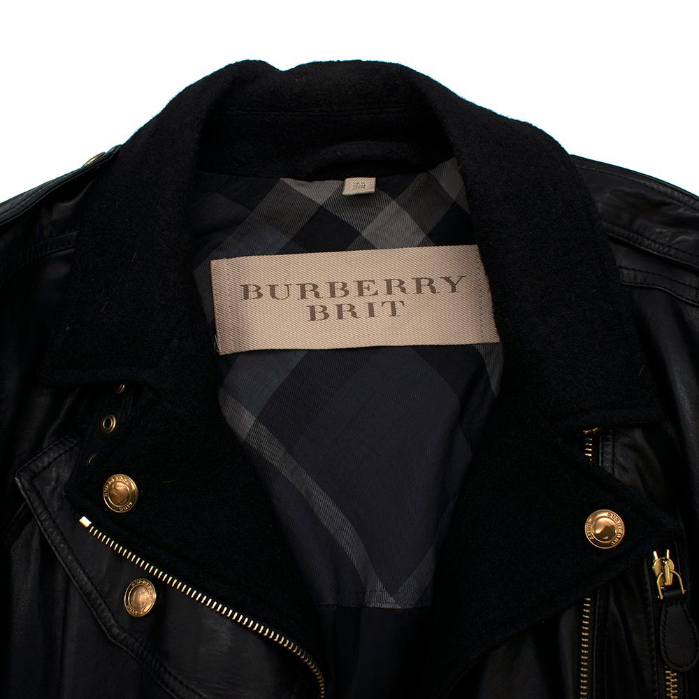 Women's Burberry Brit Black Leather & Wool Blend Moto Coat - Size US 12