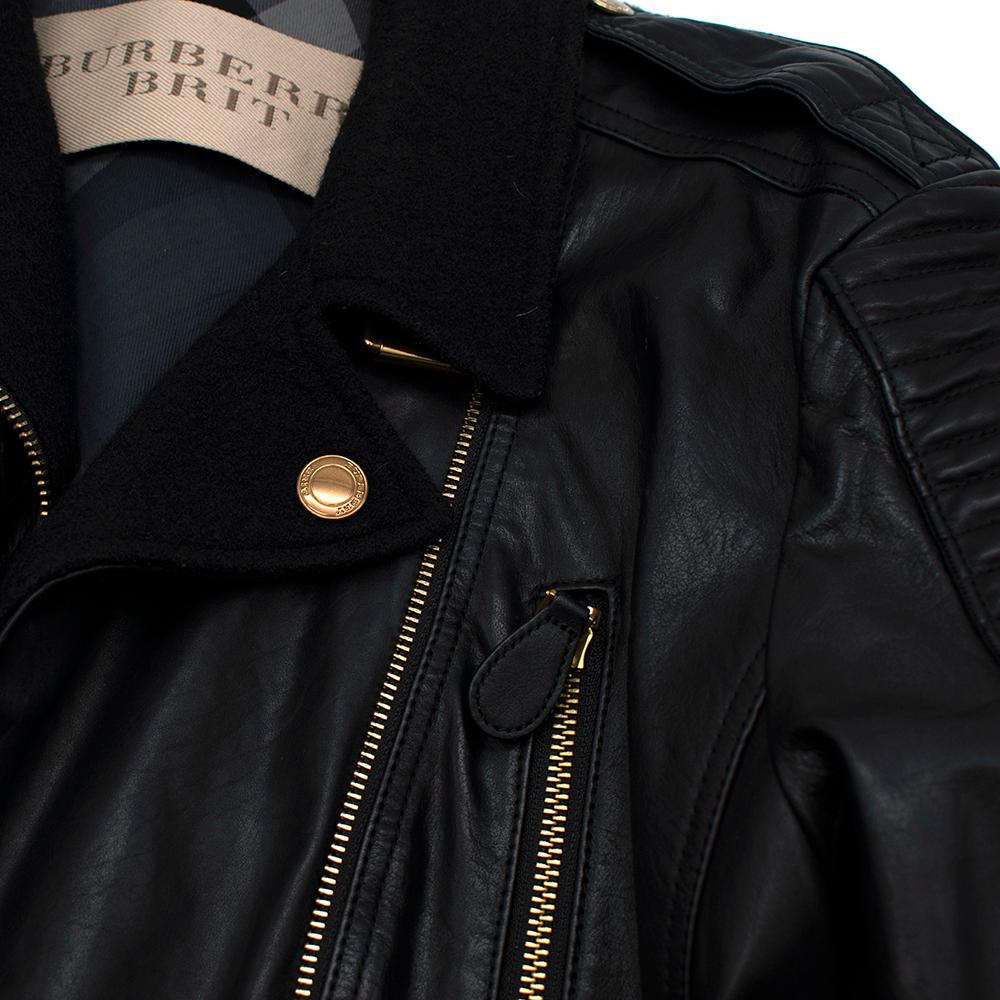 Burberry Brit Black Leather & Wool Blend Moto Coat - Size US 12 2