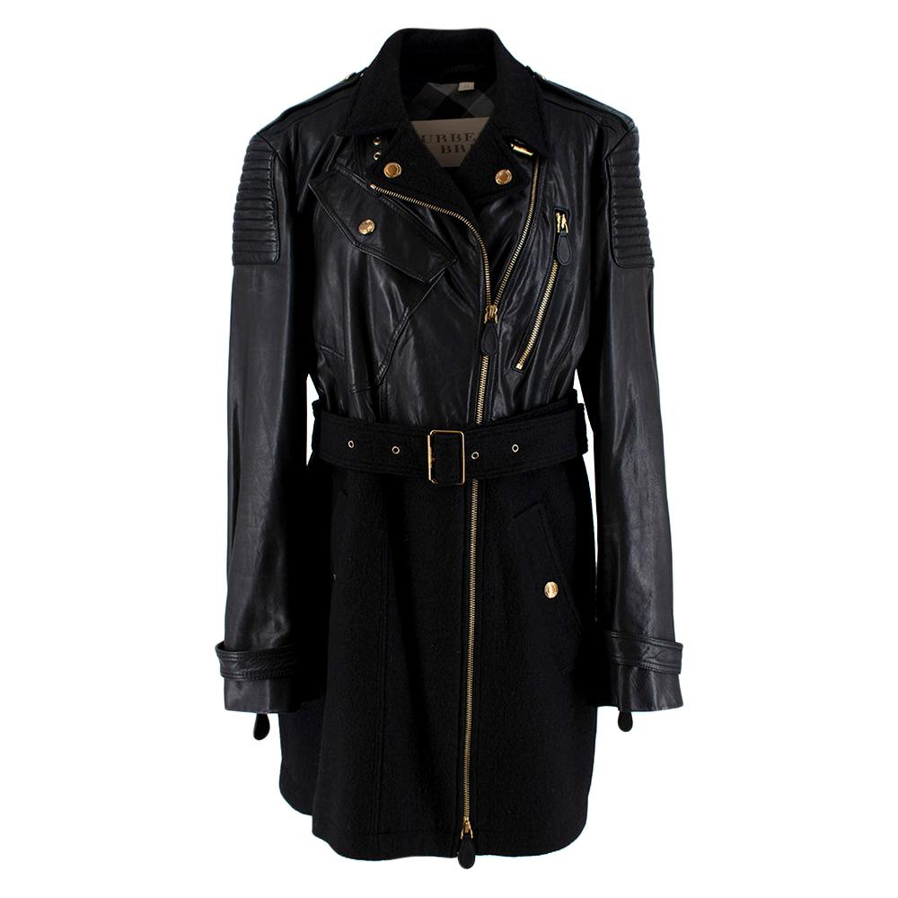 Burberry Brit Black Leather & Wool Blend Moto Coat - Size US 12