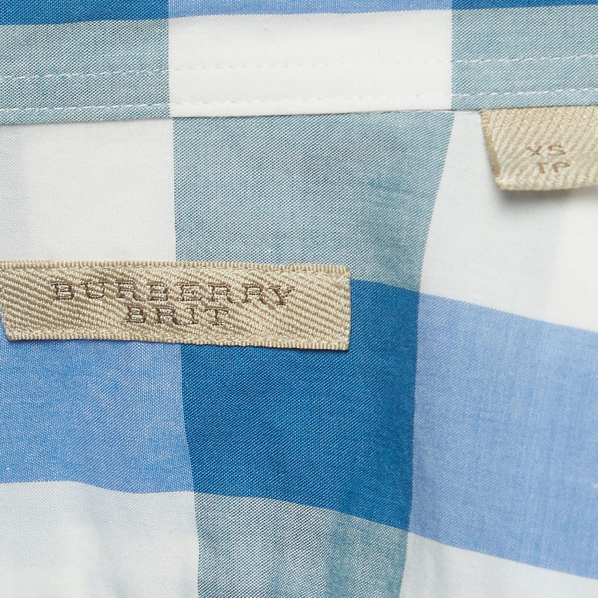 Burberry Brit Blue Checked Cotton Button Down Collar Shirt XS For Sale 1