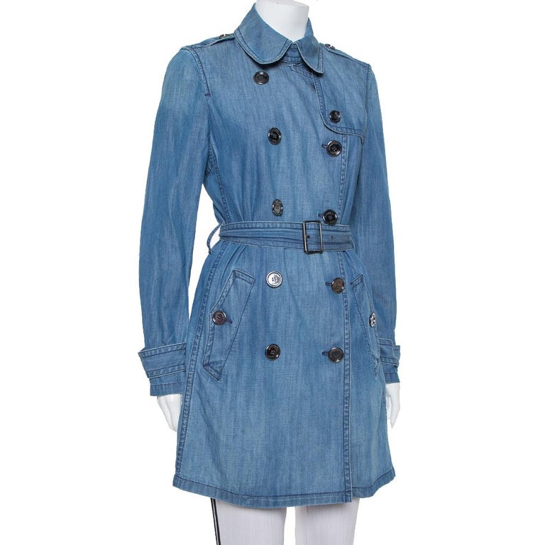 Burberry Brit Blue Denim Double Breasted Belted Trench Coat M at 1stDibs
