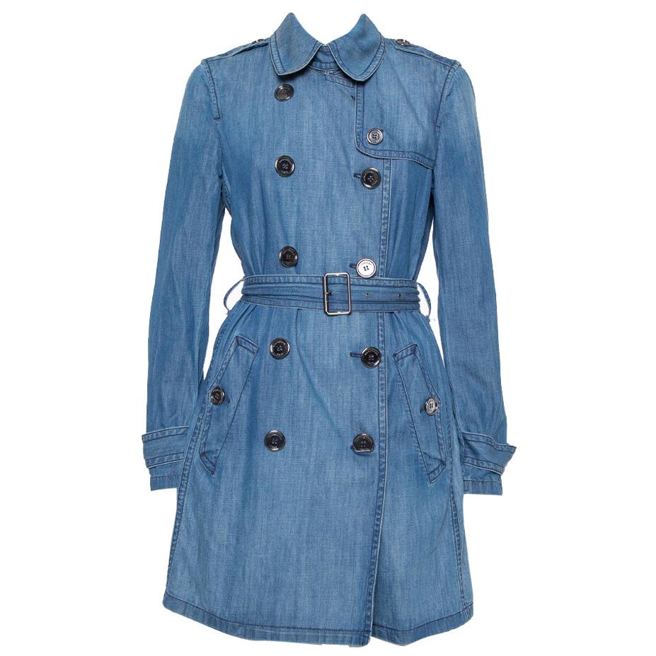 Burberry Brit Blue Denim Double Breasted Belted Trench Coat M
