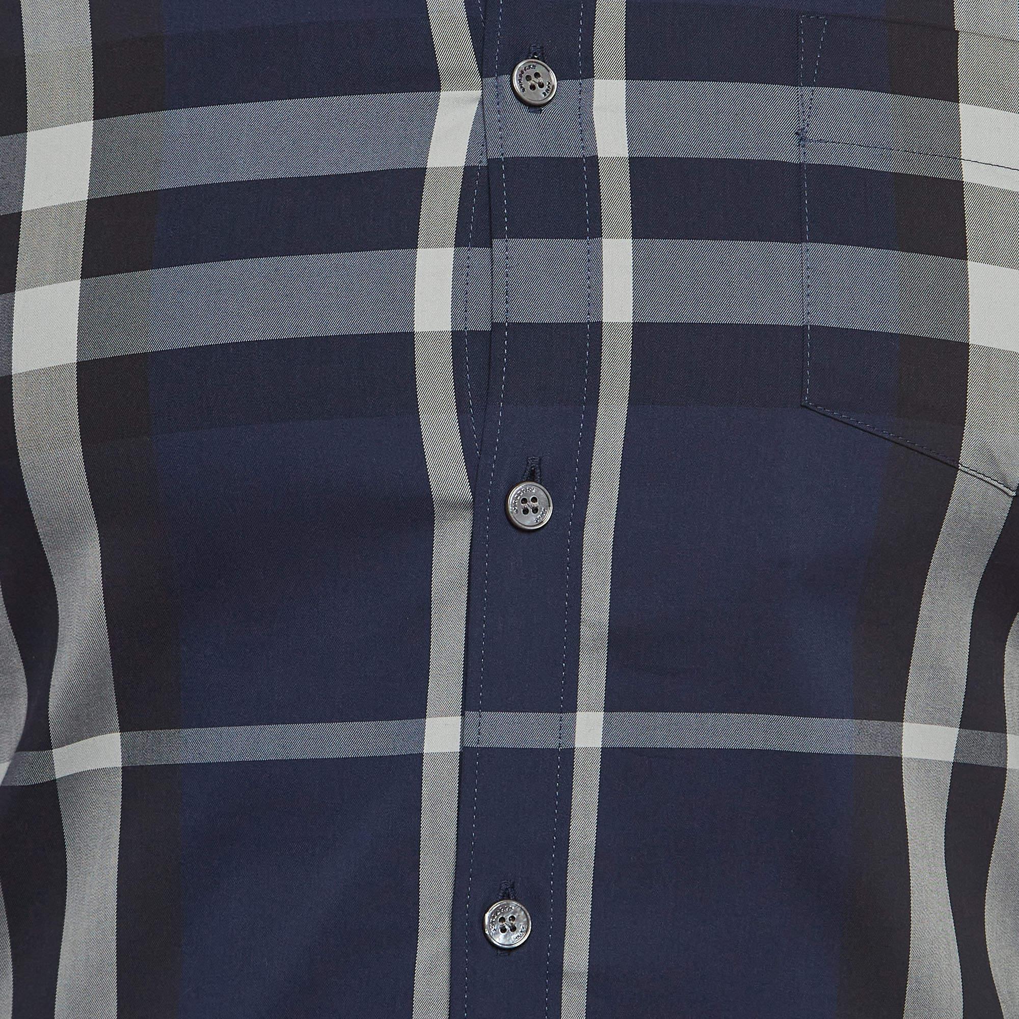 Black Burberry Brit Blue Tartan Poplin Long Sleeve Button Down Shirt XS