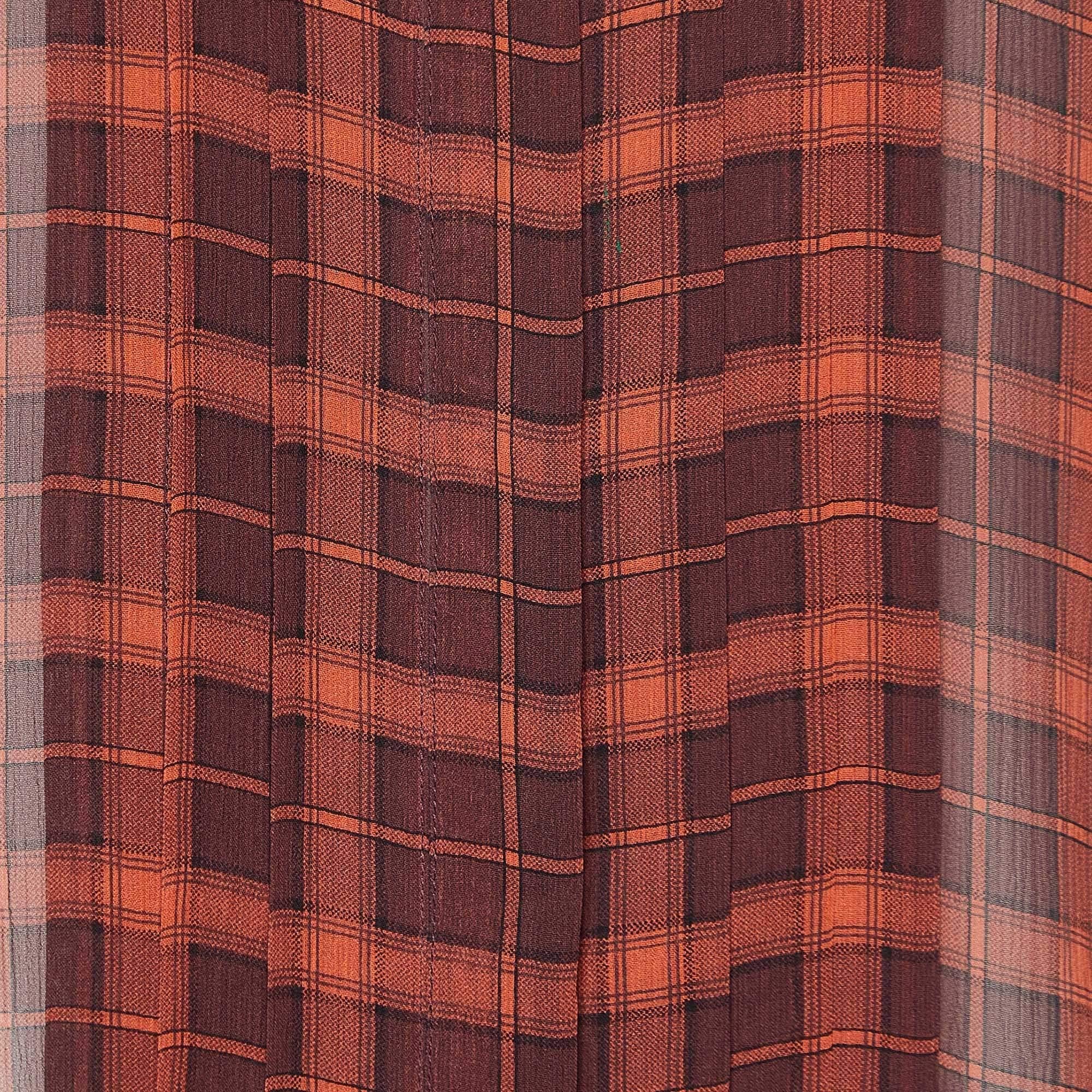 Brown Burberry Brit Brick Red Plaid Check Silk Crepe Pleated Shirt XS