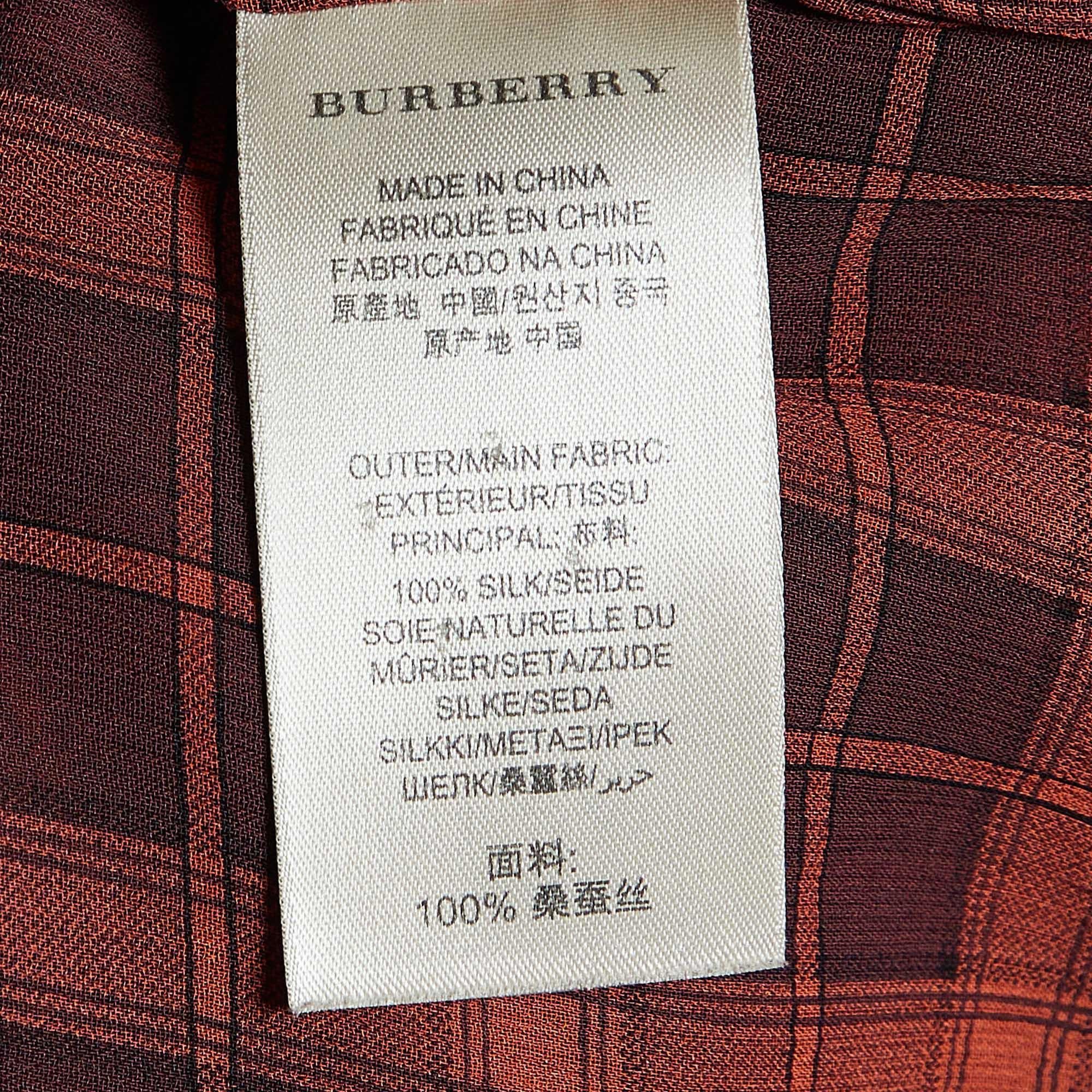 Women's Burberry Brit Brick Red Plaid Check Silk Crepe Pleated Shirt XS