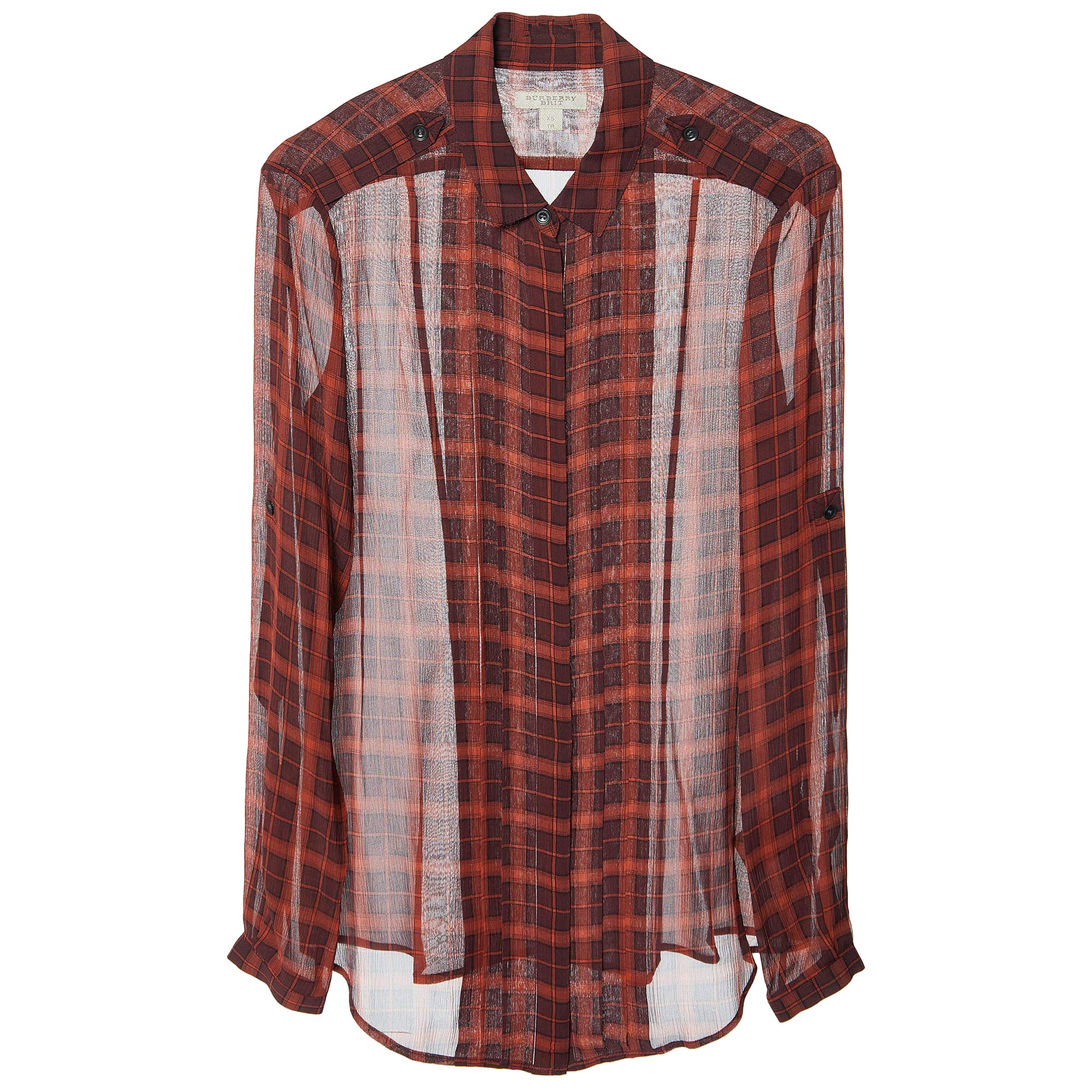 Burberry Brit Brick Red Plaid Check Silk Crepe Pleated Shirt XS