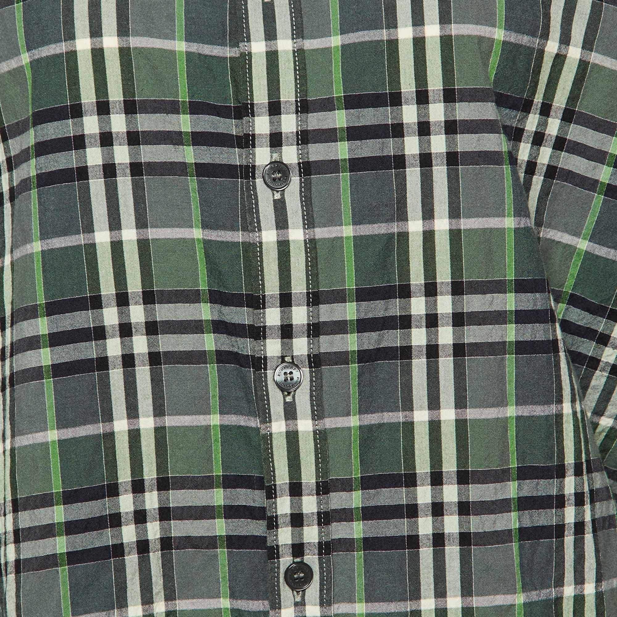 Gray Burberry Brit Green Nova Check Cotton Long Sleeve Shirt XL