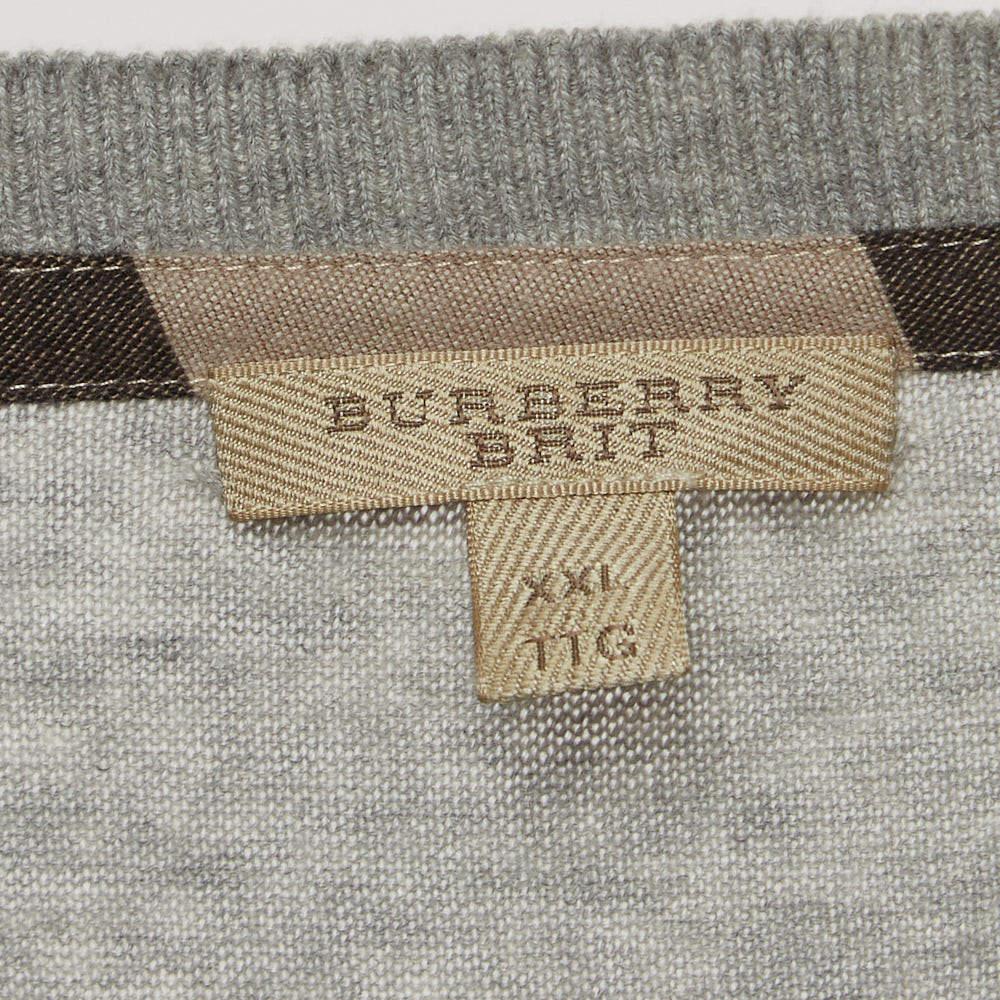 Burberry Brit Grey Cashmere and Cotton Check Detail Round Neck Sweater XXL For Sale 1