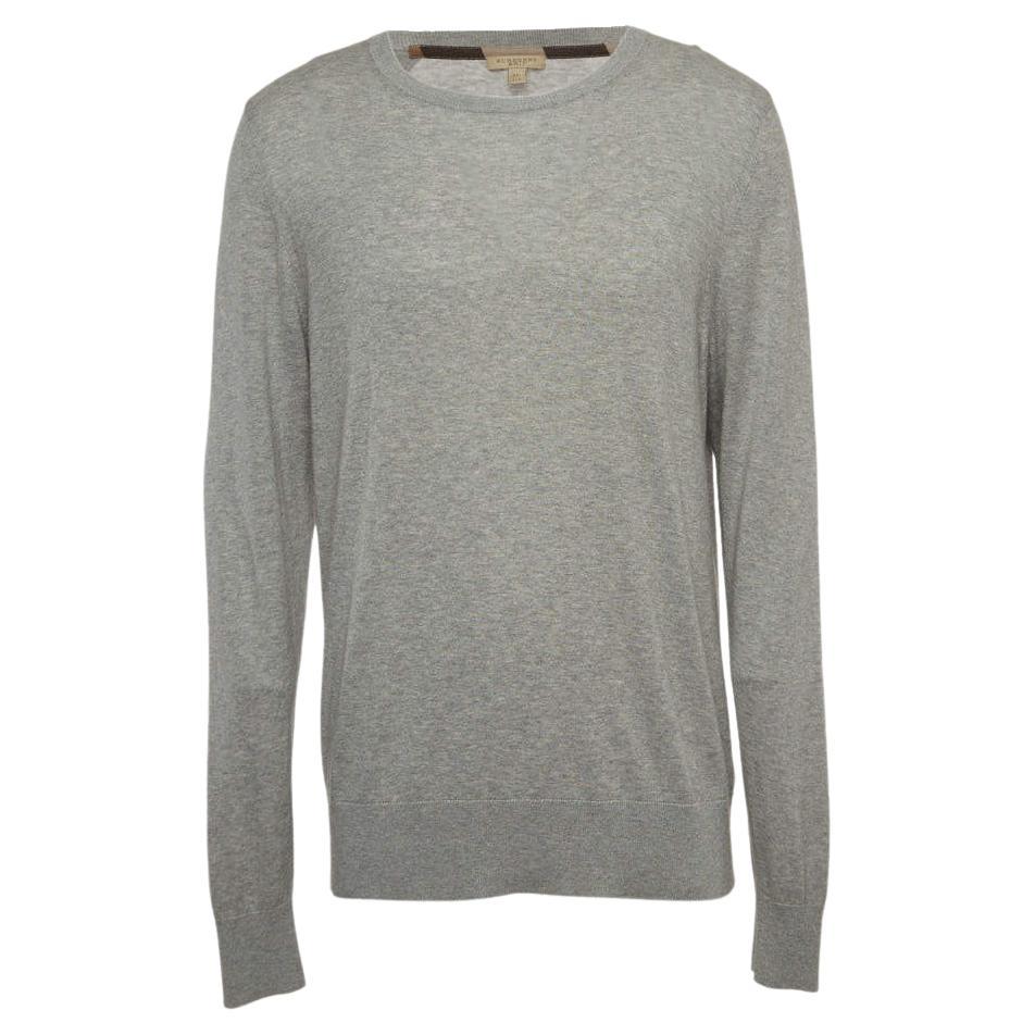Burberry Brit Grey Cashmere and Cotton Check Detail Round Neck Sweater XXL For Sale