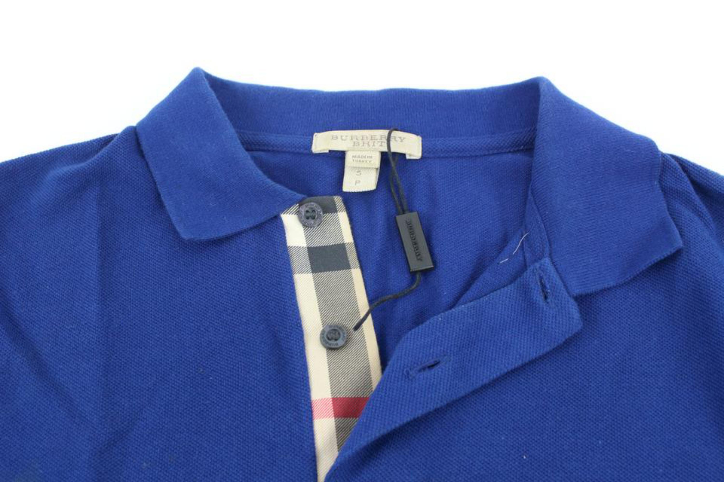 Burberry Brit Mens S Royal Blue Nova Check Collar Button Up Short Sleeve Polo  For Sale 3