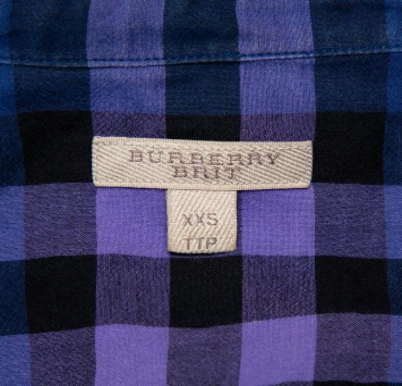 Blu Burberry Brit - Camicia in cotone a scacchi blu navy con mezzo bottone XXS in vendita