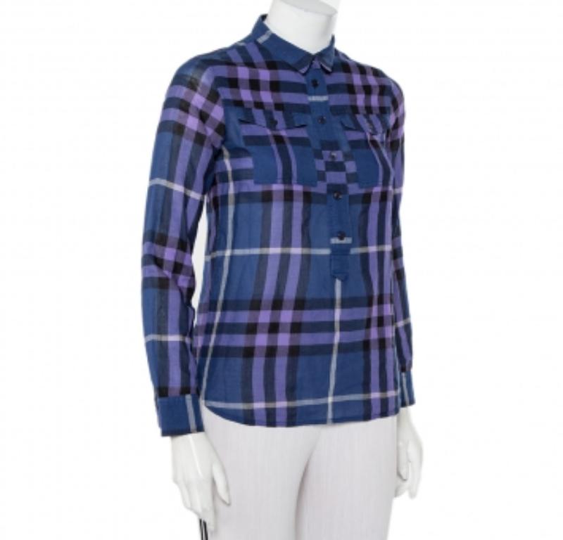 Donna Burberry Brit - Camicia in cotone a scacchi blu navy con mezzo bottone XXS in vendita