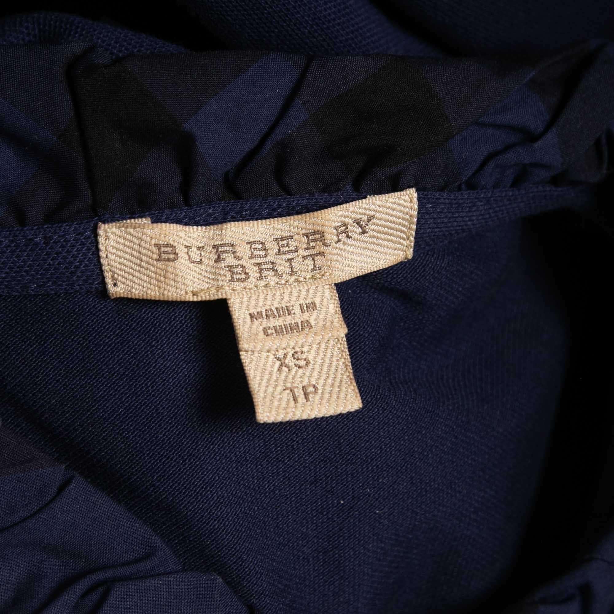 Women's Burberry Brit Navy Blue Cotton Ruffled Collar Full Sleeve Polo T-Shirt XS For Sale