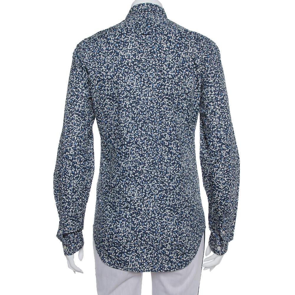 Gray Burberry Brit Navy Blue Printed Cotton Button Front Shirt XS