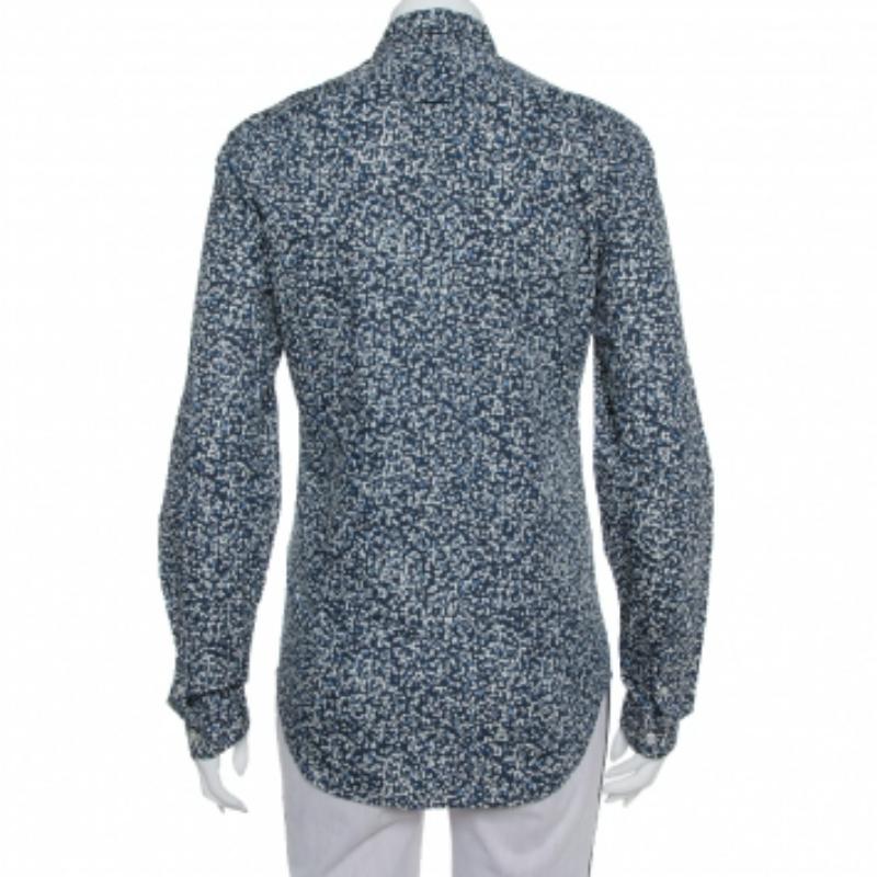 Gray Burberry Brit Navy Blue Printed Cotton Button Front Shirt XS For Sale