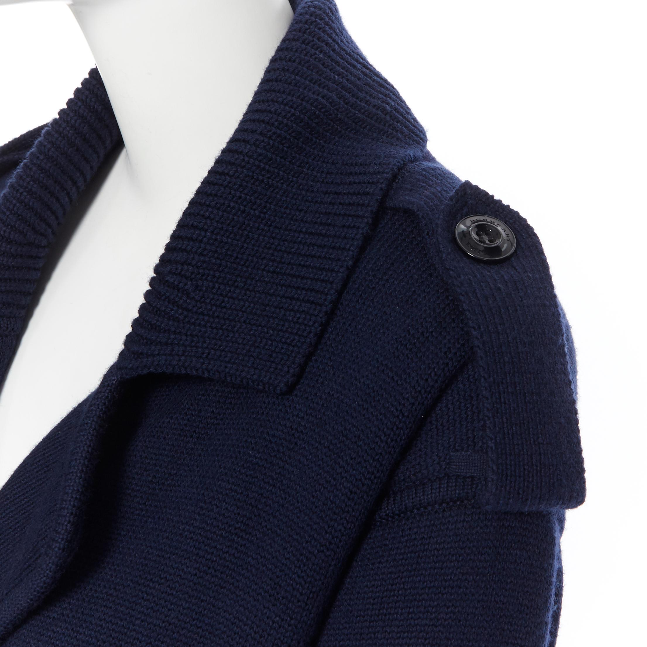 BURBERRY BRIT navy wool layered sleeve padded lining double breasted coatigan S 
Reference: LNKO/A01198 
Brand: Burberry 
Designer: Burberry Brit 
Material: Wool 
Color: Navy 
Pattern: Solid 
Closure: Button 
Extra Detail: Shoulder epaulette detail.