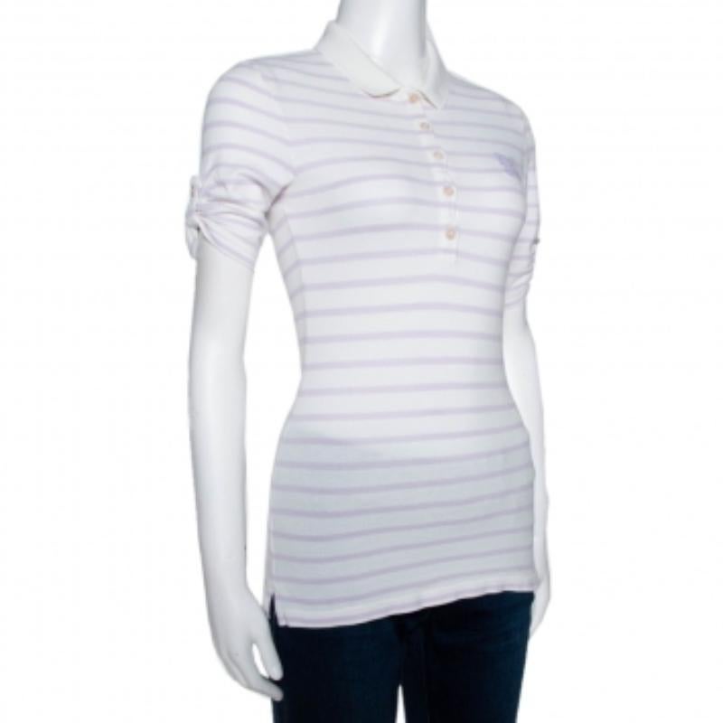 Burberry Brit Off White - Maglietta Polo in cotone e modal a righe XS in vendita 1