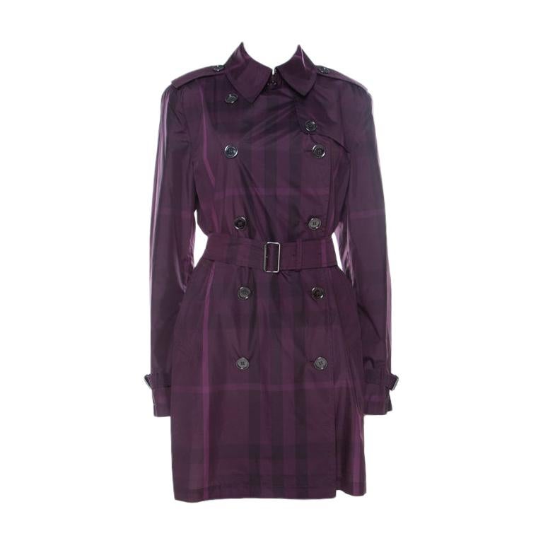 Burberry Brit Plum Purple Novacheck Print Double Breasted Coat L For Sale  at 1stDibs