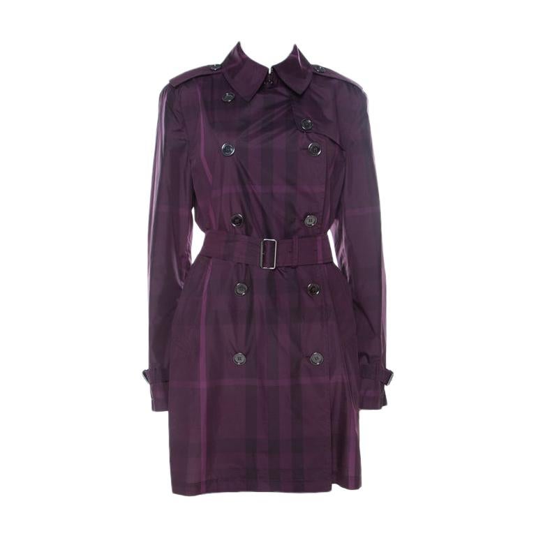 Burberry Brit Plum Purple Novacheck Print Double Breasted Coat L