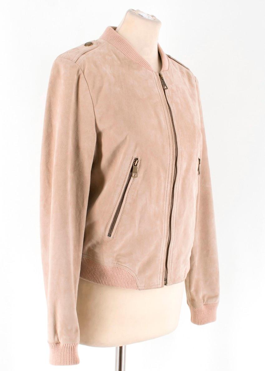 Burberry Sand Suede Bomber Jacket

- Crafted from soft lambs suede
- Checked lining
- Bomber style jacket
- Ribbed cuffs, hem and neckline
- Front zipped pockets
- Zip fastening

Measurements are taken with the item lying flat, seam to