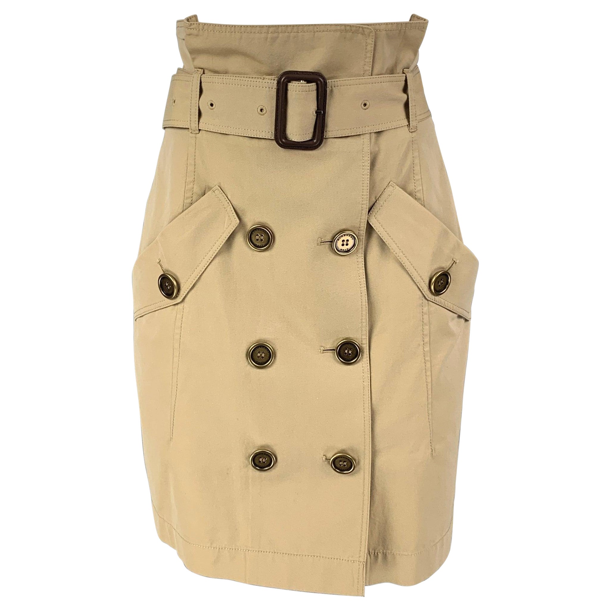 BURBERRY BRIT Talla 6 Falda con cinturón y doble botonadura de algodón caqui