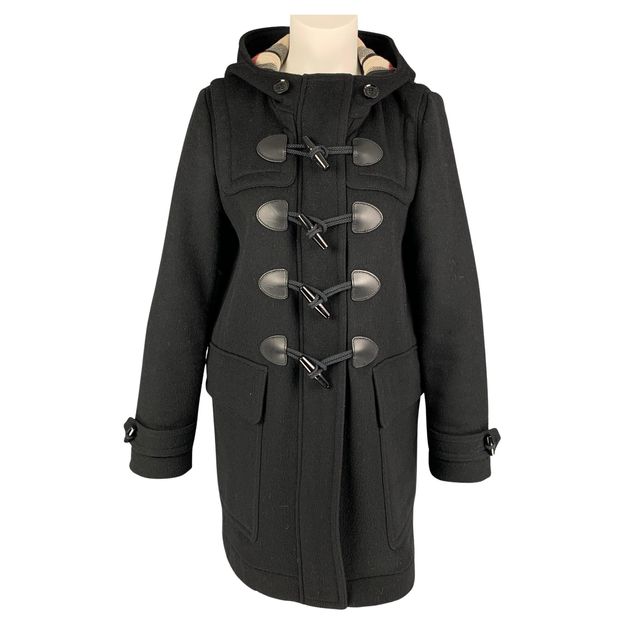 BURBERRY BRIT Size 8 Black Wool Hooded Coat For Sale at 1stDibs