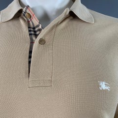 BURBERRY BRIT Size M Beige Embroidery Cotton Pique Classic Fit Contrast Trim Long Sleeve Polo