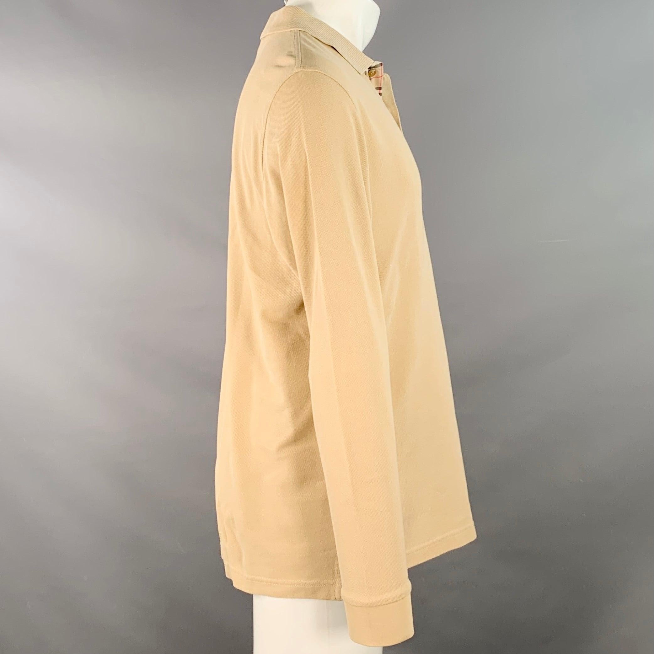 Burberry Brit Size M Beige Embroidery Cotton Pique Classic Fit Contrast Trim Long Sleeve Polo Bon état - En vente à San Francisco, CA