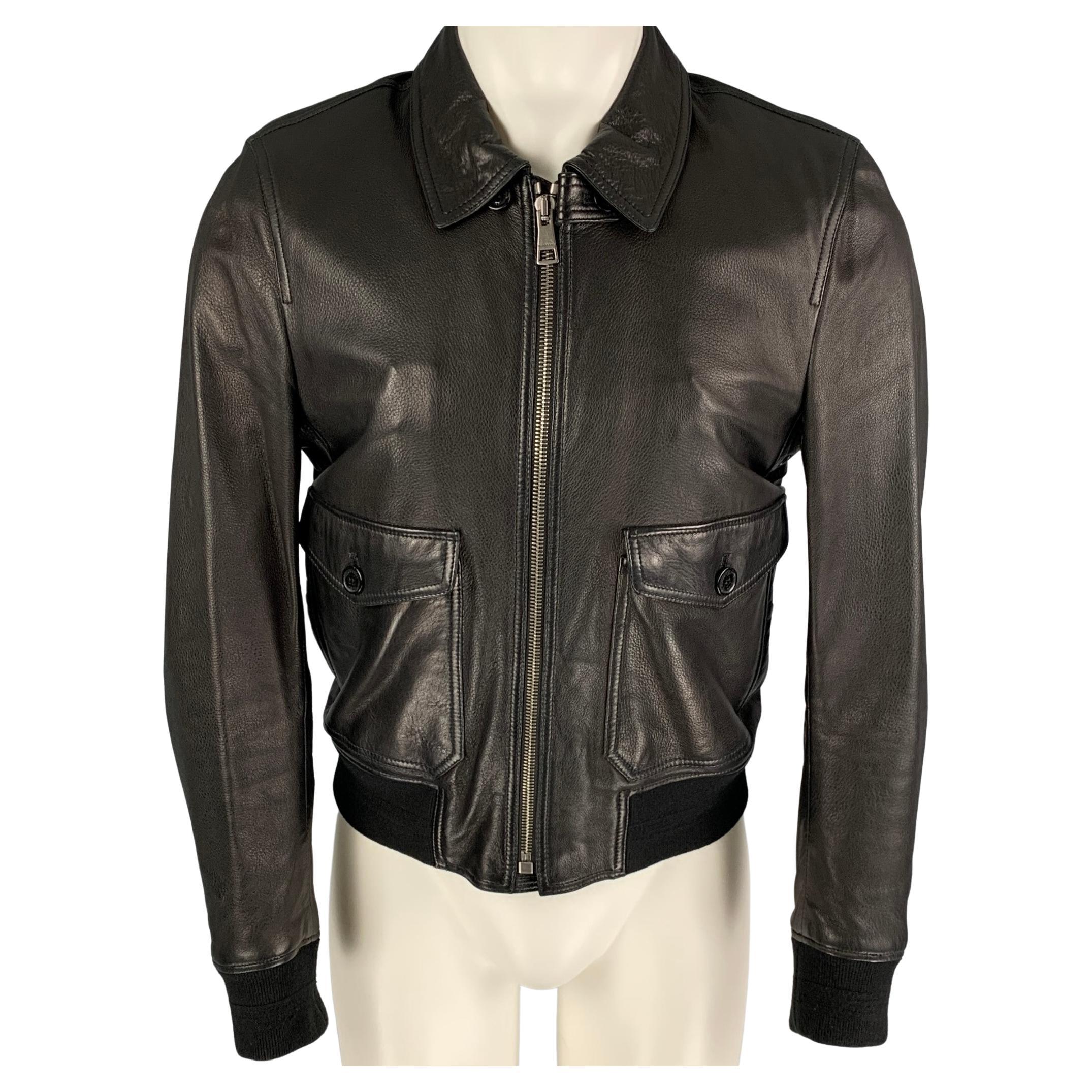 BURBERRY BRIT Size M Black Leather Zip Up Jacket For Sale at 1stDibs