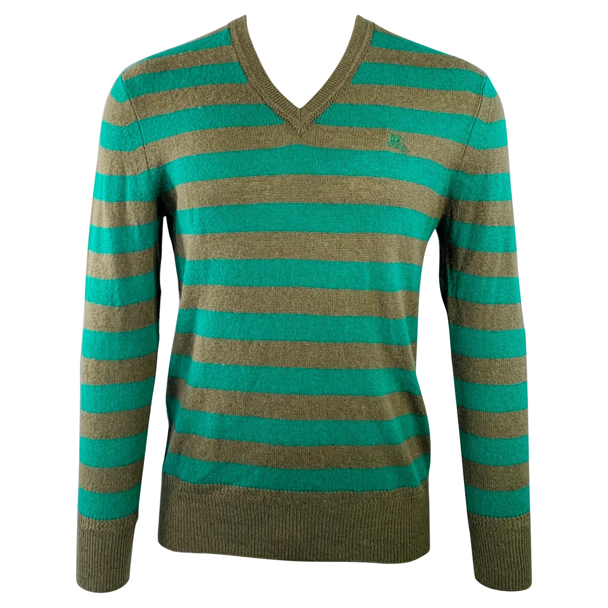 BURBERRY BRIT Size M Green Brown Stripe Cashmere V-Neck Pullover in vendita