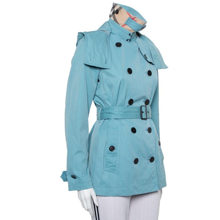 Burberry Brit Teal Blue Cotton Canvas Double Breasted Hooded Mid Length Coat  S at 1stDibs | burberry blue coat