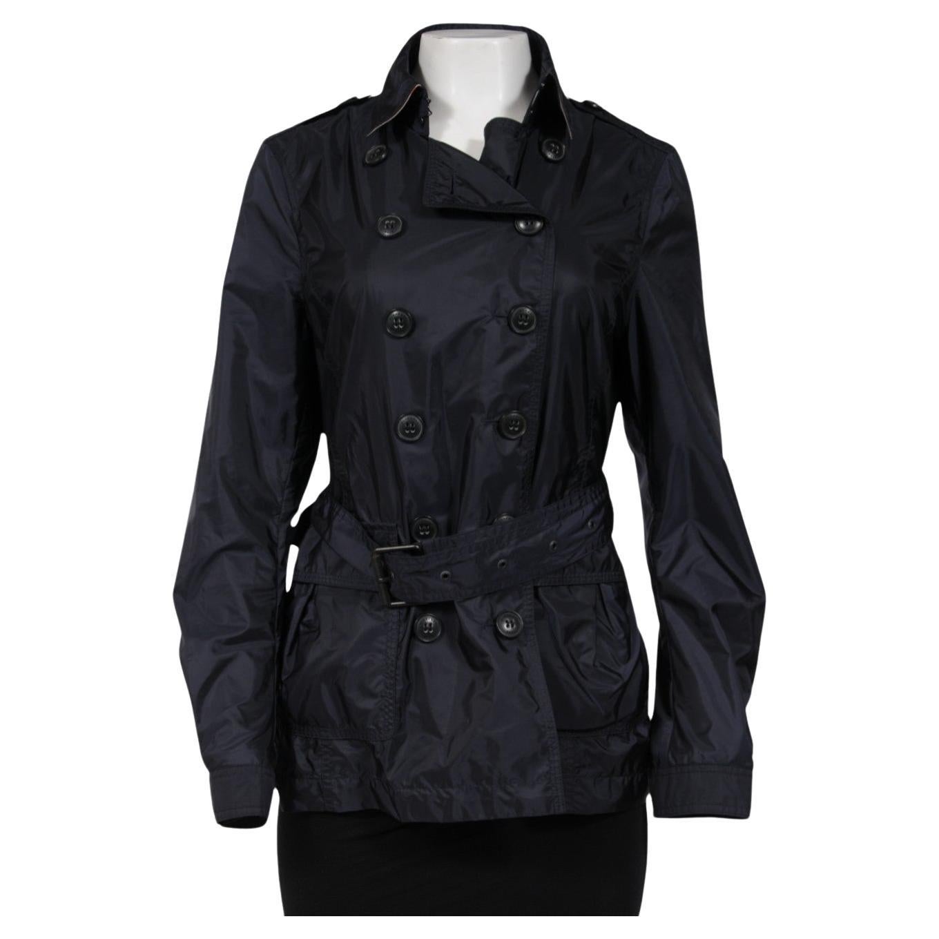 Burberry Brit Womens Double Breasted Nylon Windbreaker Sz US 10 Dark Blue Jacket For Sale