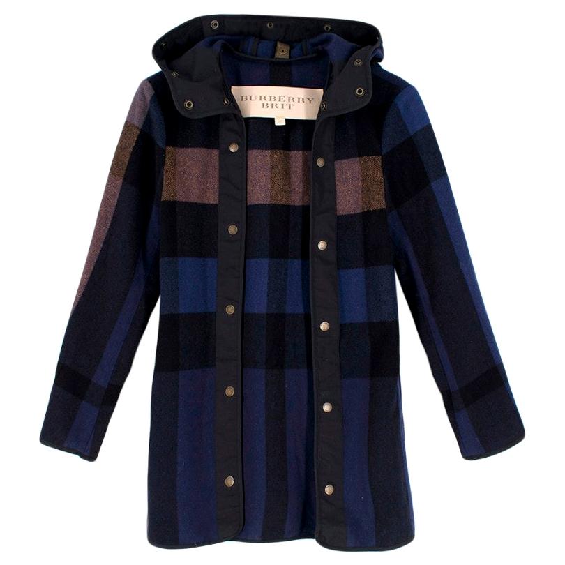 Burberry Brit Wool Check Hooded Coat - Size US 0-2 For Sale