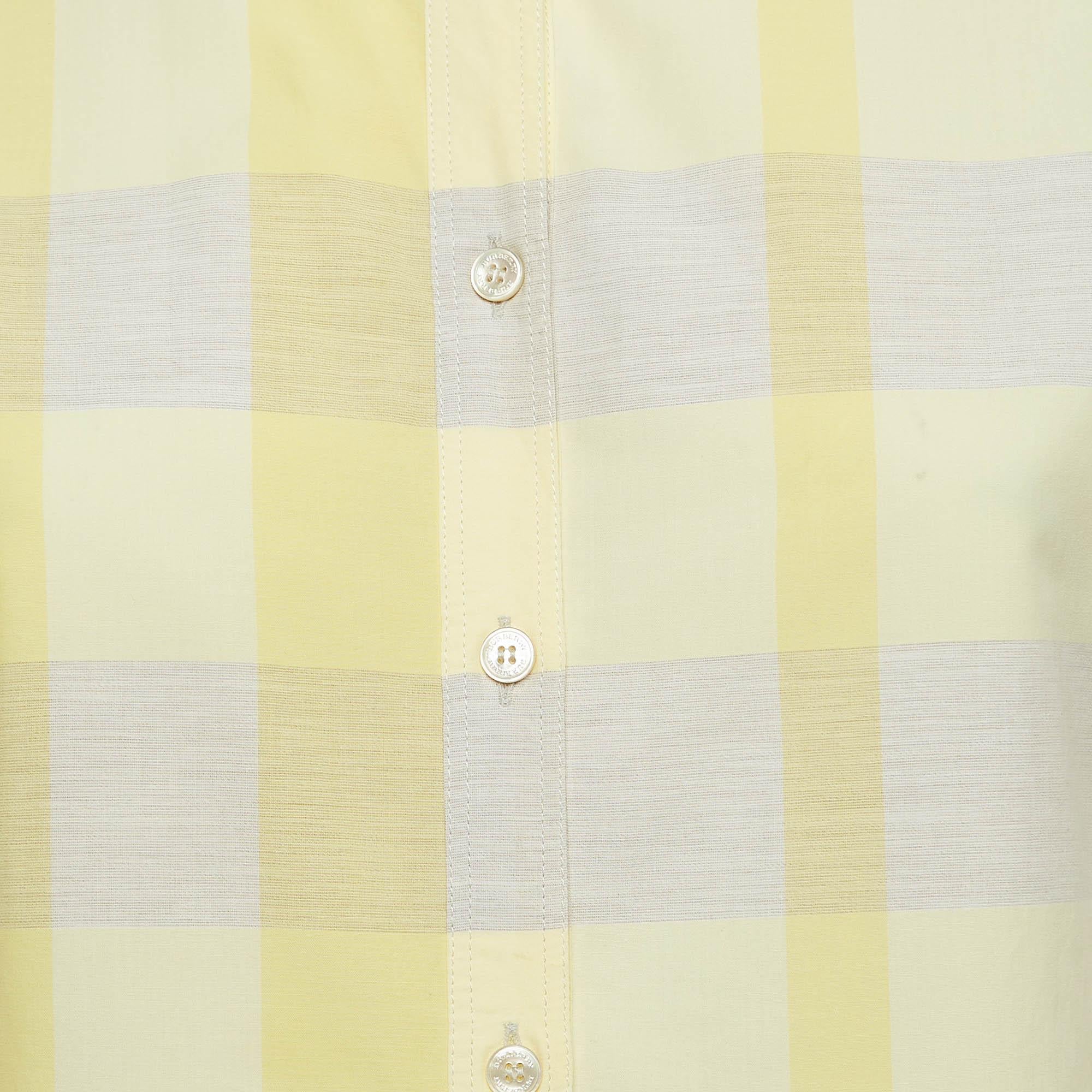 Beige Burberry Brit Yellow Checked Cotton Three-Quarter Sleeve Shirt M For Sale