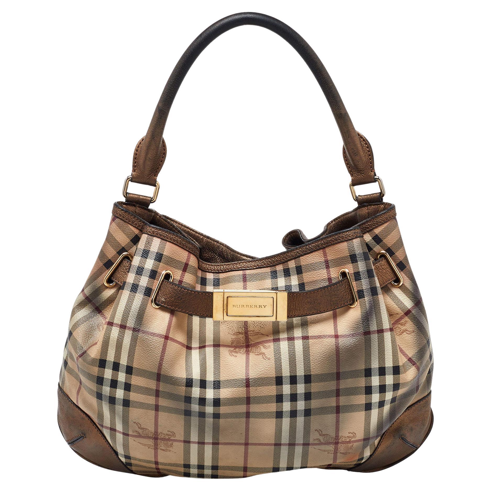 Burberry Bronze/Beige Haymarket Check PVC and Leather Medium Willenmore Hobo For Sale