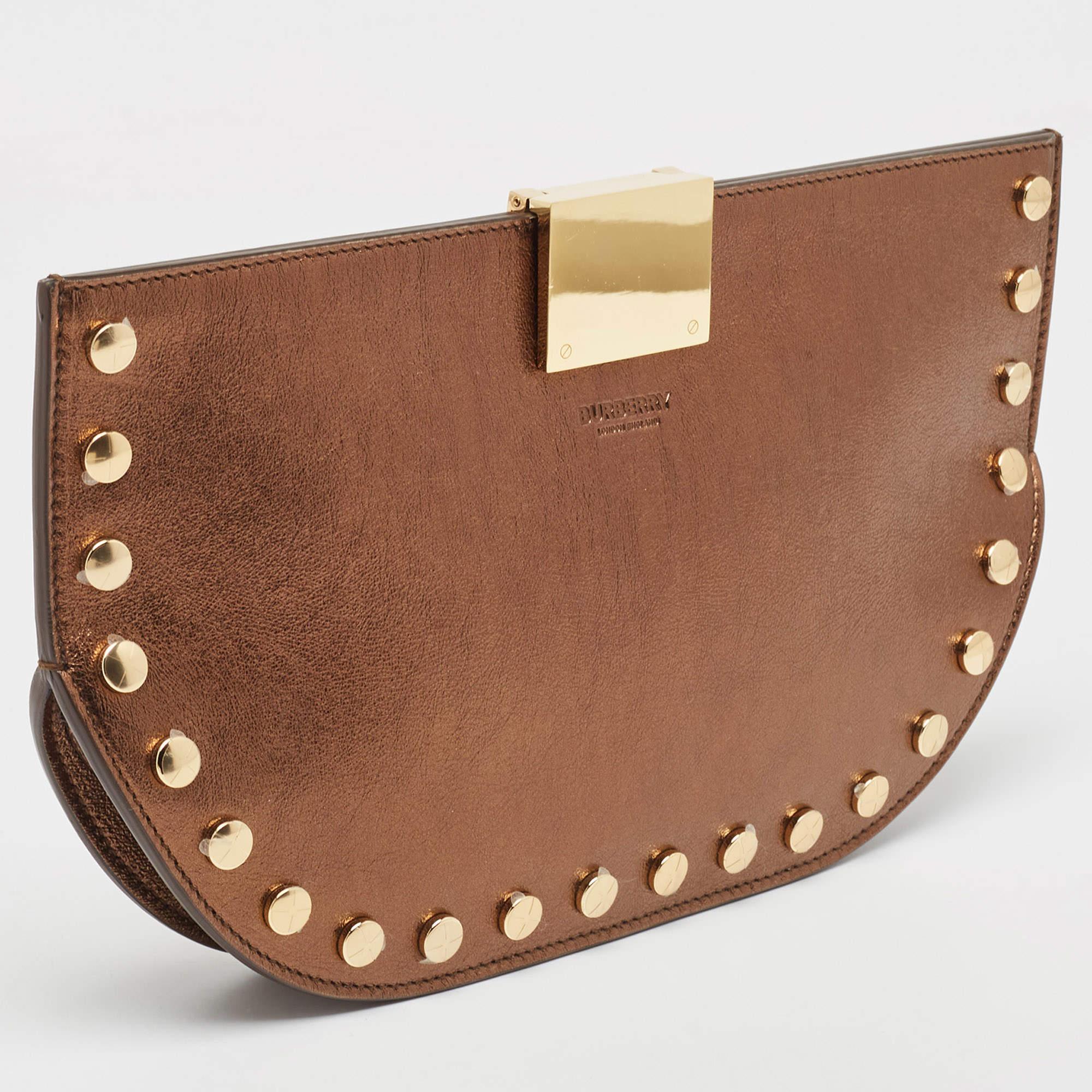 Brown Burberry Bronze Leather Studded Olympia Clutch